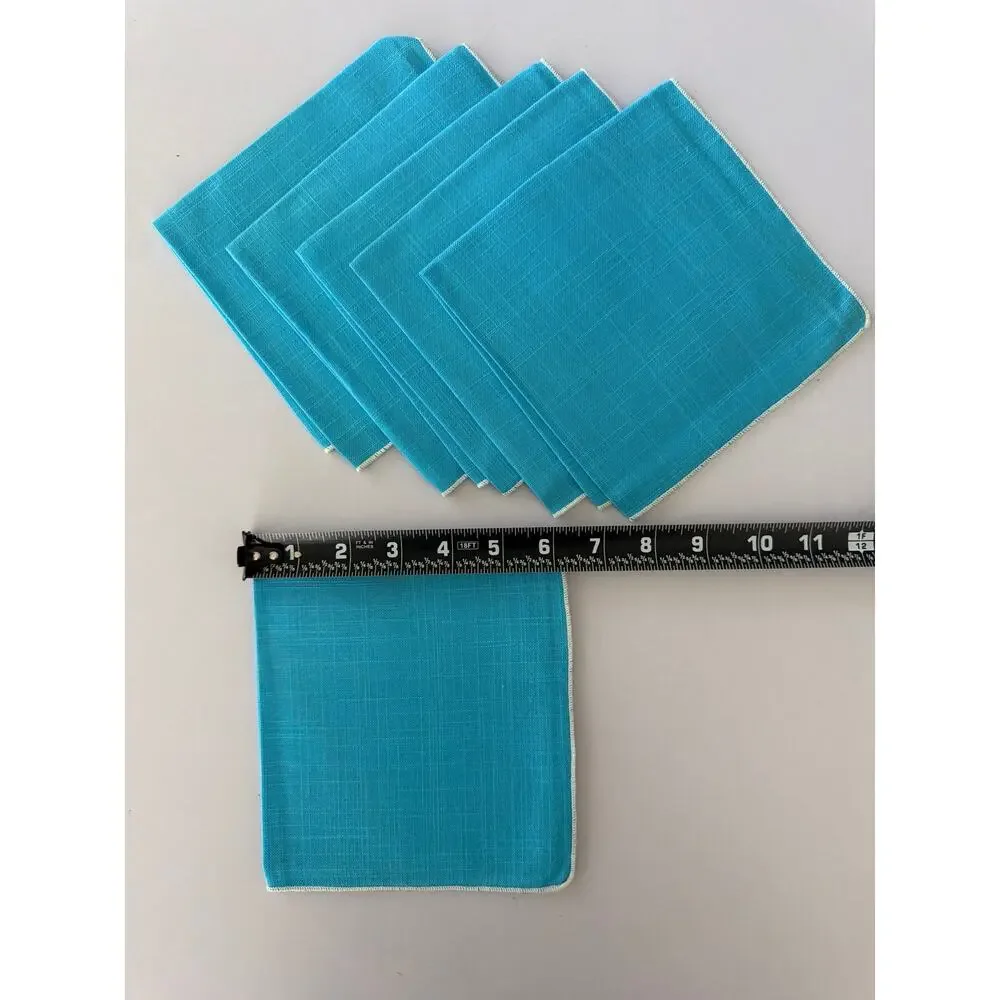 Vintage Mid Century Turquoise Linen Cloth Cocktail Napkins Set 6 Retro MCM Bar